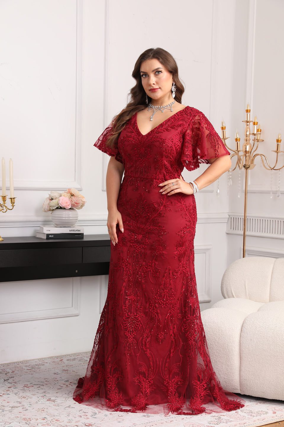 Elegant Wine Red V-Neck Half-Sleeve Evening Dress SF604