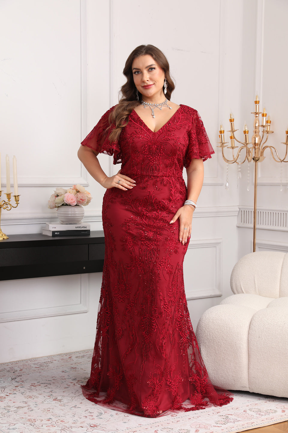 Elegant Wine Red V-Neck Half-Sleeve Evening Dress SF604