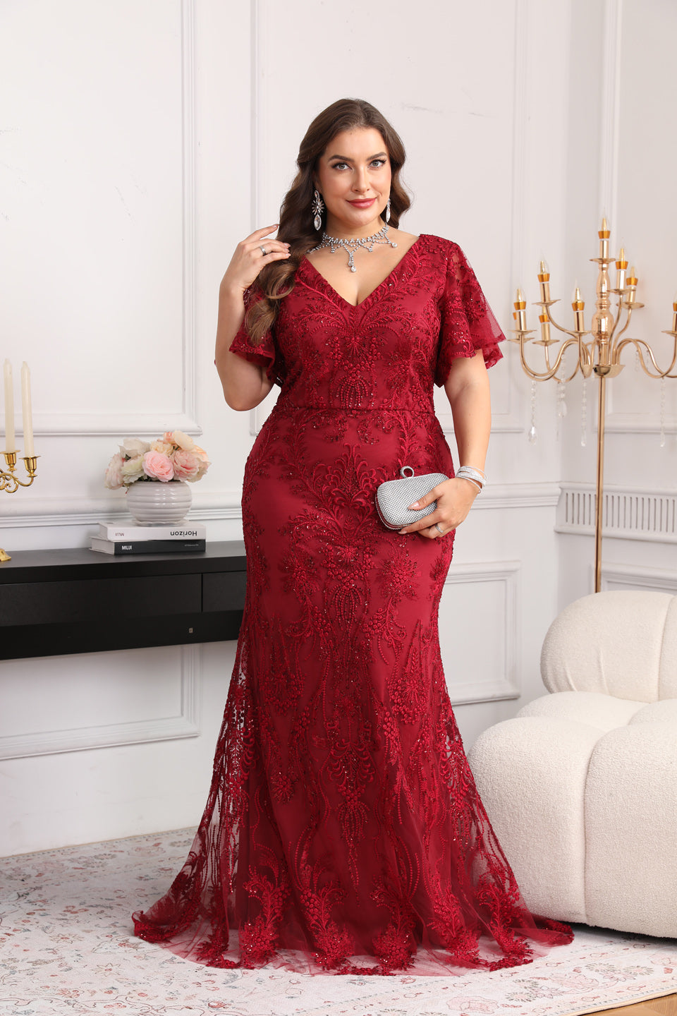 Elegant Wine Red V-Neck Half-Sleeve Evening Dress SF604