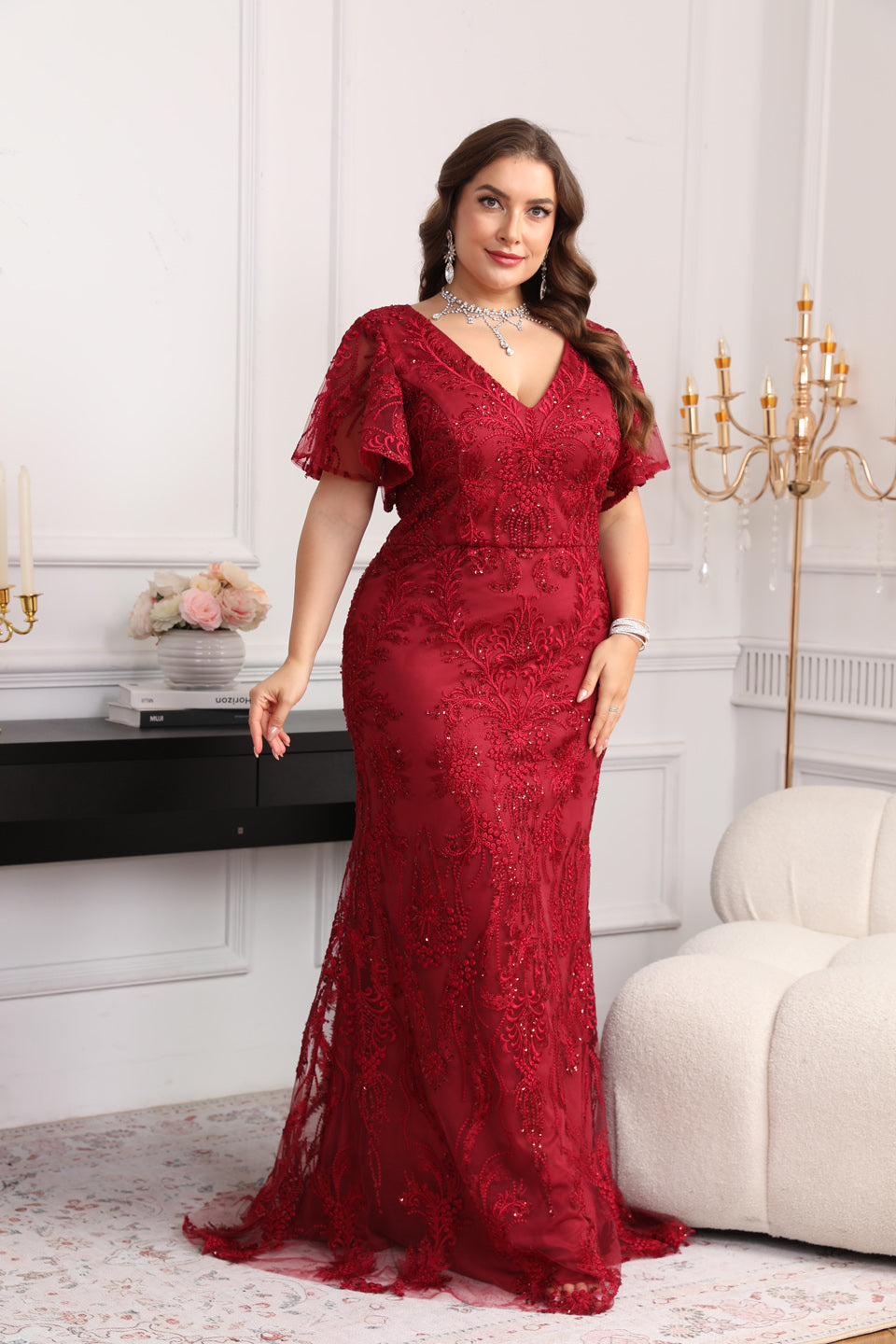 Elegant Wine Red V-Neck Half-Sleeve Evening Dress SF604