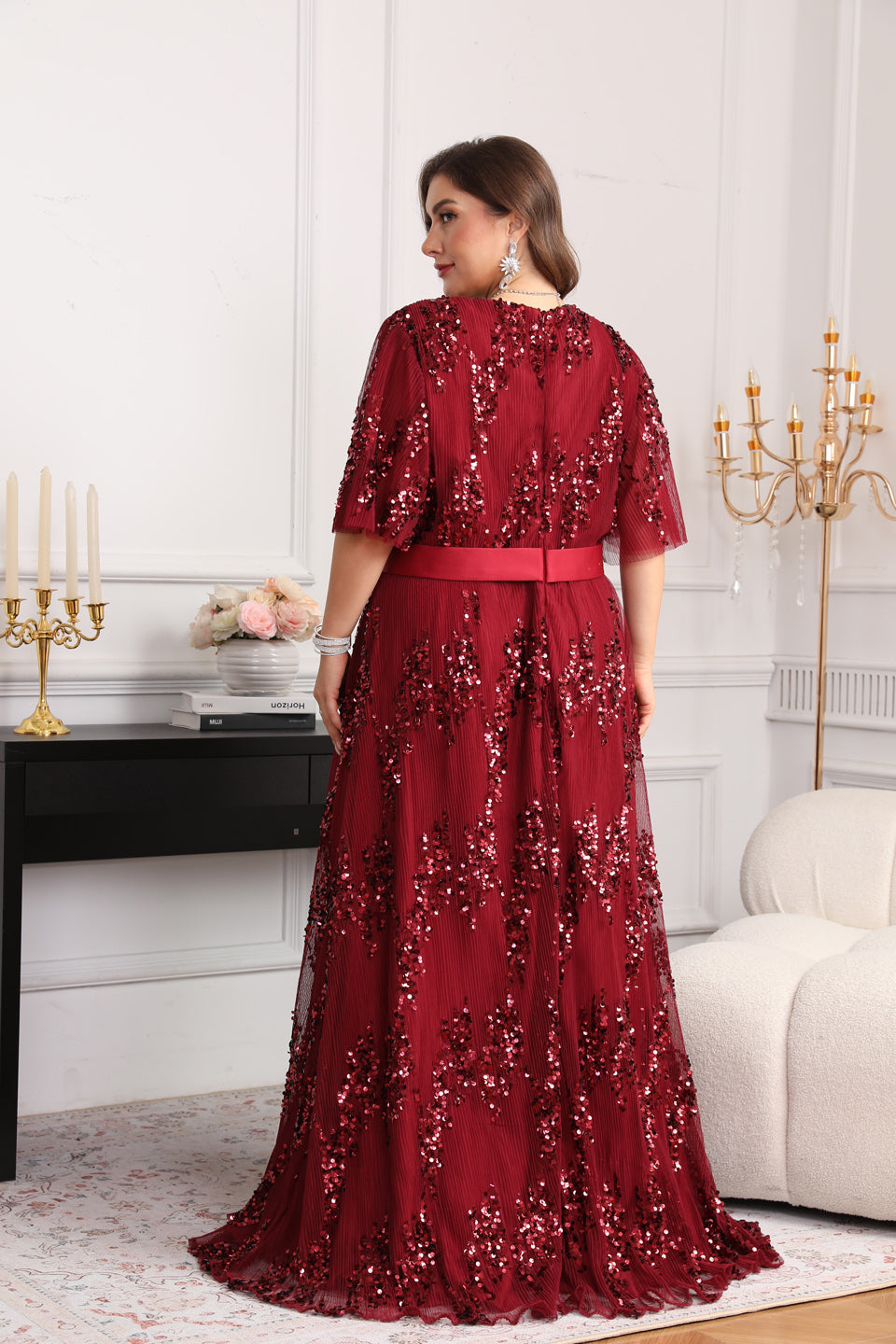 Sparkly Luxury Wine Red Sequin Side-Slit Evening Dress SF626