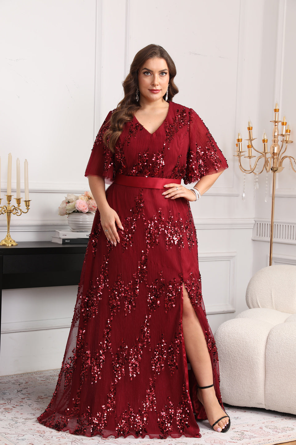 Sparkly Luxury Wine Red Sequin Side-Slit Evening Dress SF626