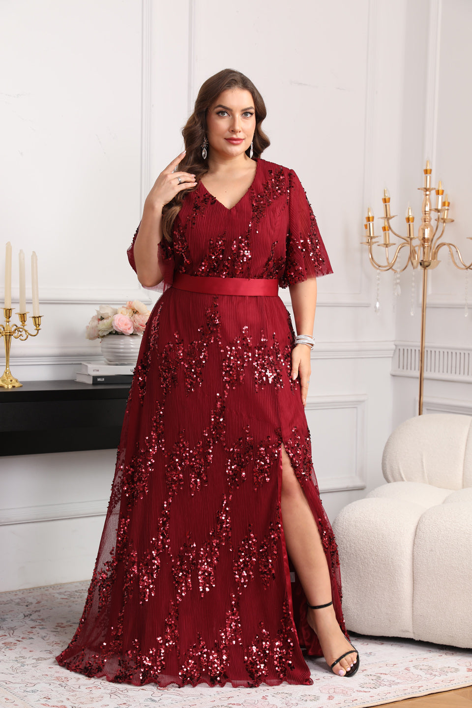 Sparkly Luxury Wine Red Sequin Side-Slit Evening Dress SF626