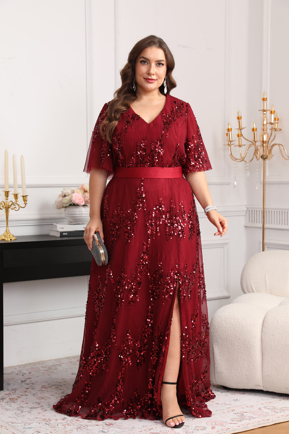 Sparkly Luxury Wine Red Sequin Side-Slit Evening Dress SF626