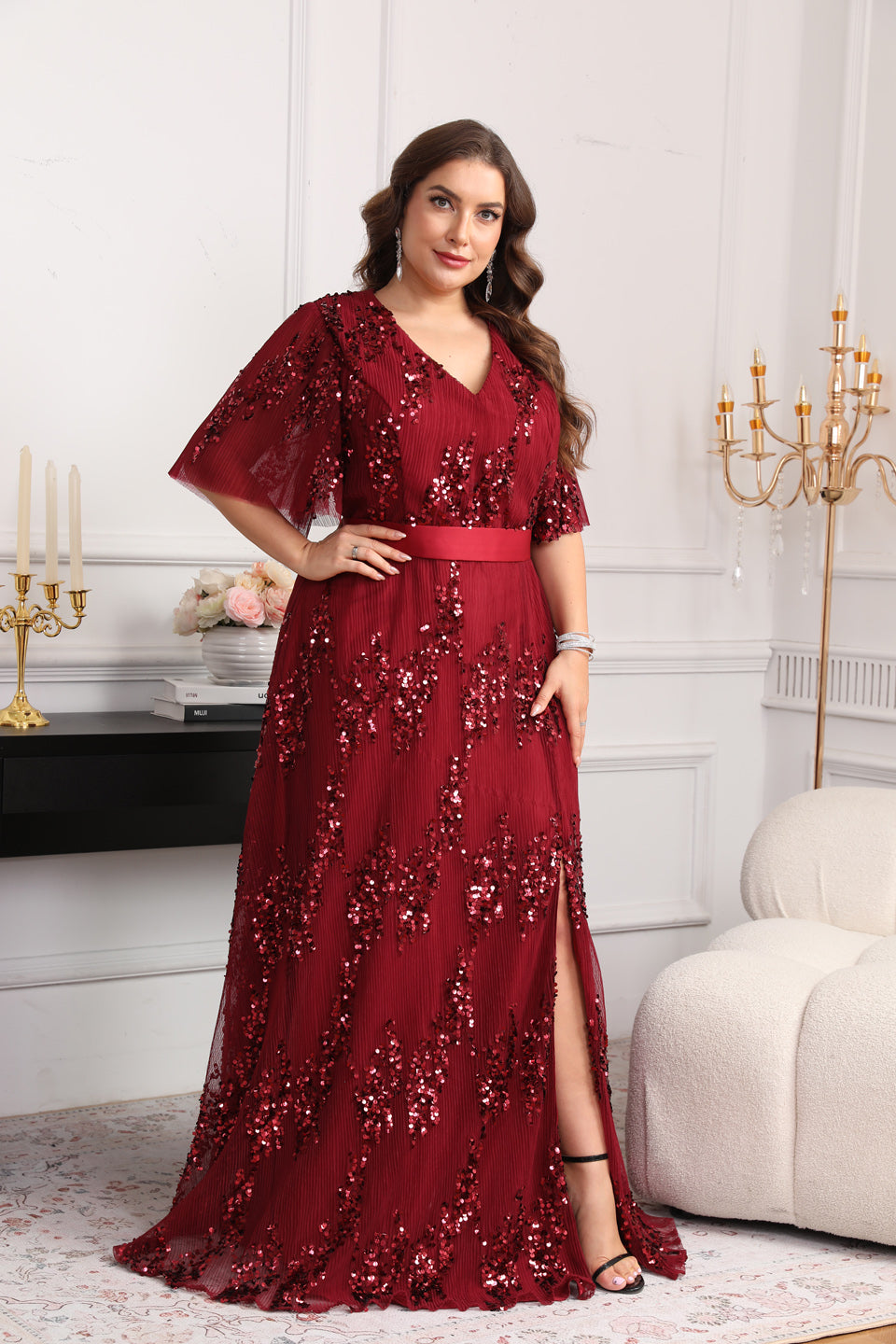 Sparkly Luxury Wine Red Sequin Side-Slit Evening Dress SF626