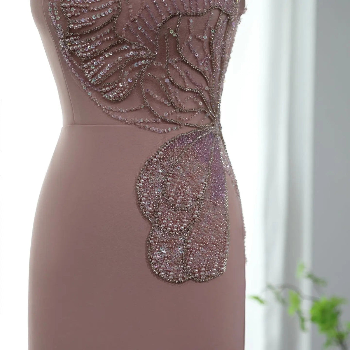 Luxury Pink Butterfly Beaded Evening Dress with Slit SS476