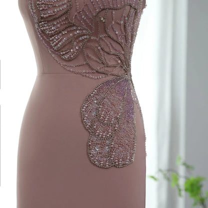 Luxury Pink Butterfly Beaded Evening Dress with Slit SS476