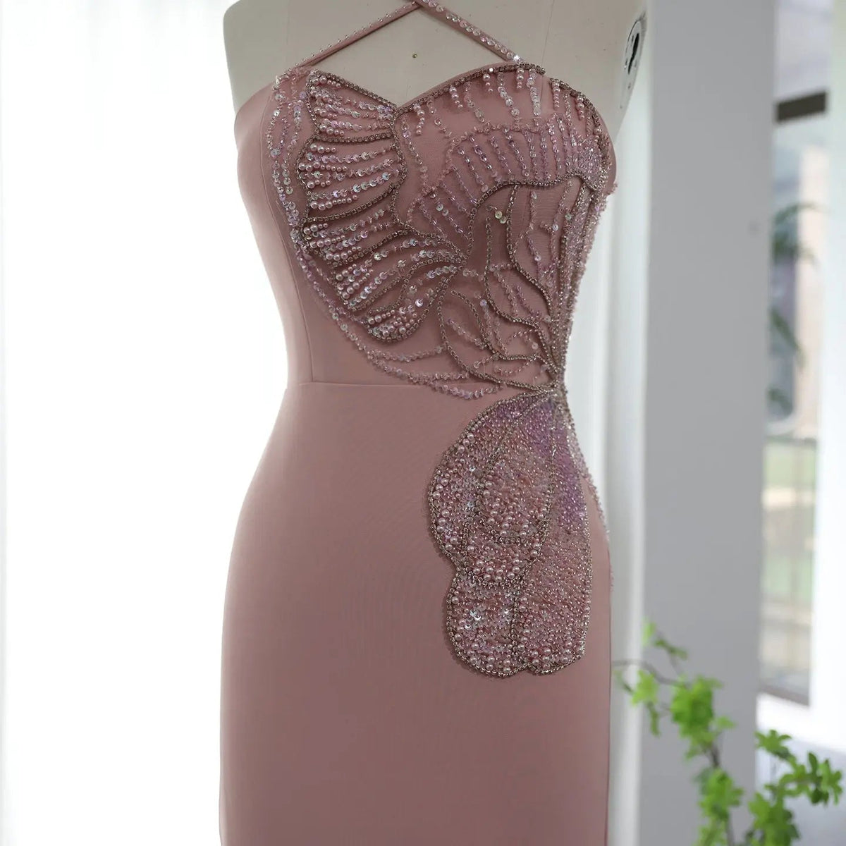Luxury Pink Butterfly Beaded Evening Dress with Slit SS476