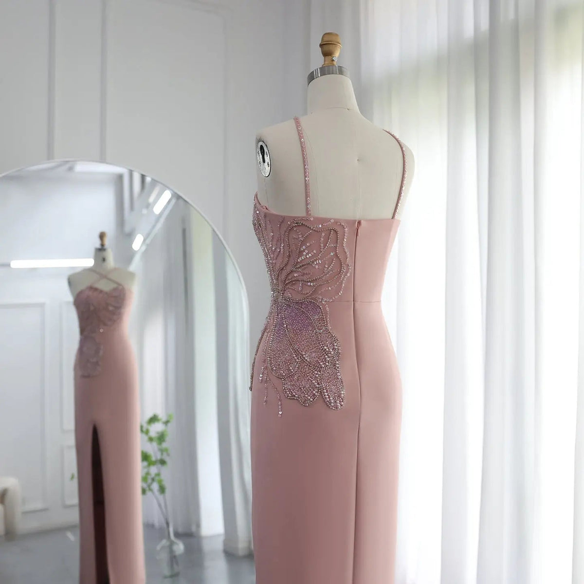 Luxury Pink Butterfly Beaded Evening Dress with Slit SS476