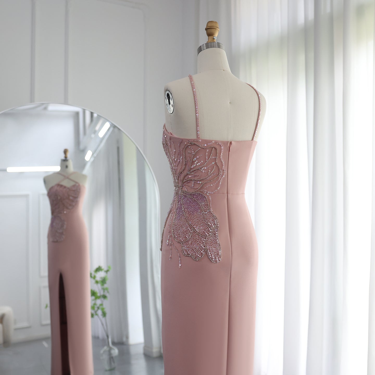 Elegant Crisscross Straps Pink Beaded Evening Dress with Slit SS476