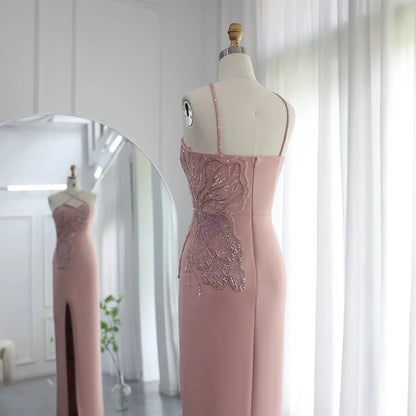 Luxury Pink Butterfly Beaded Evening Dress with Slit SS476