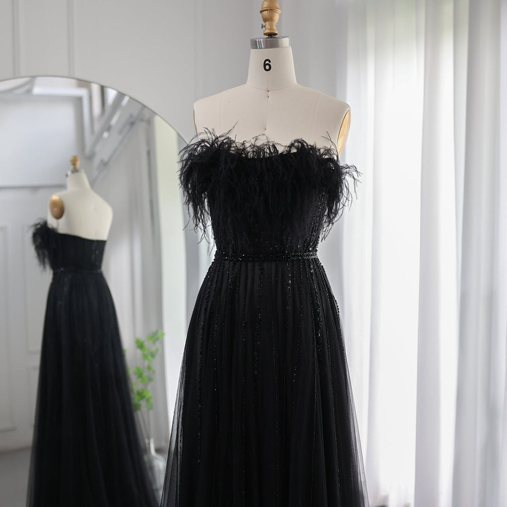 Luxury Black Feathers A-Line Evening Dresses SS401