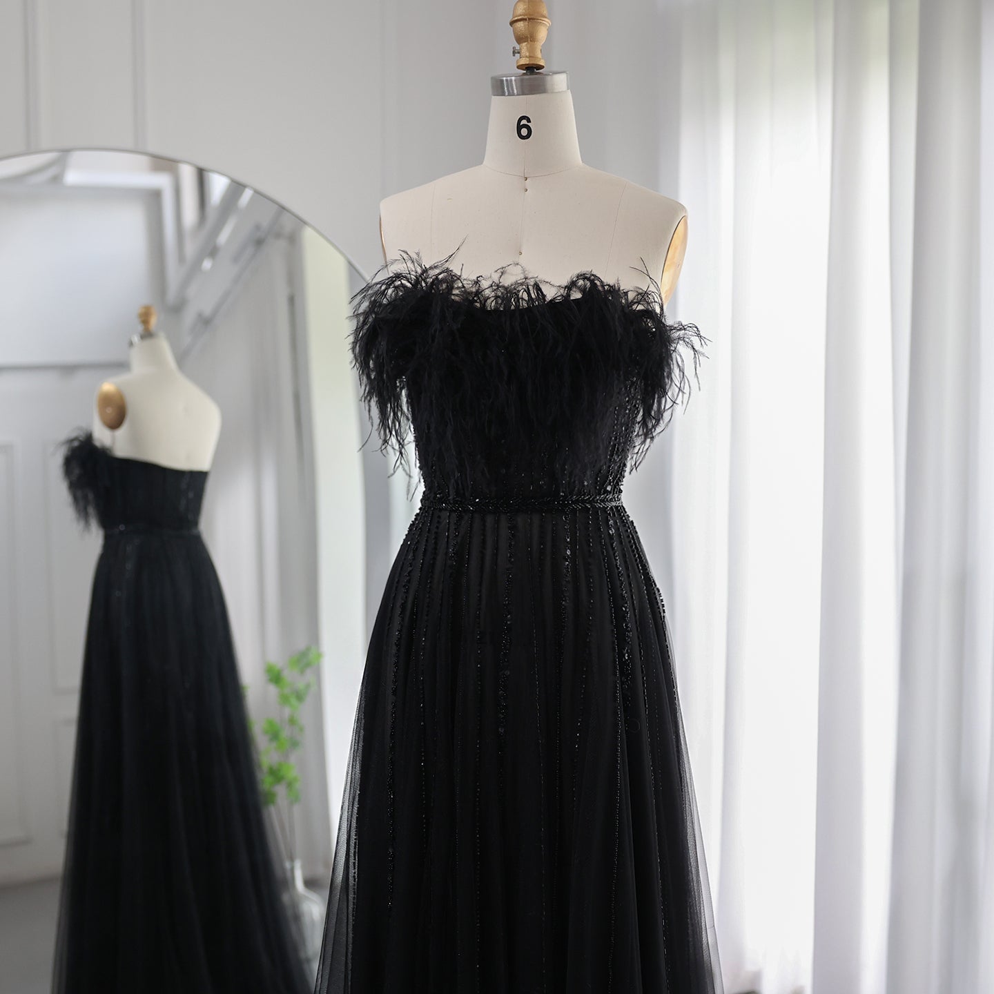 Luxury Black Feathers A-Line Evening Dresses SS401