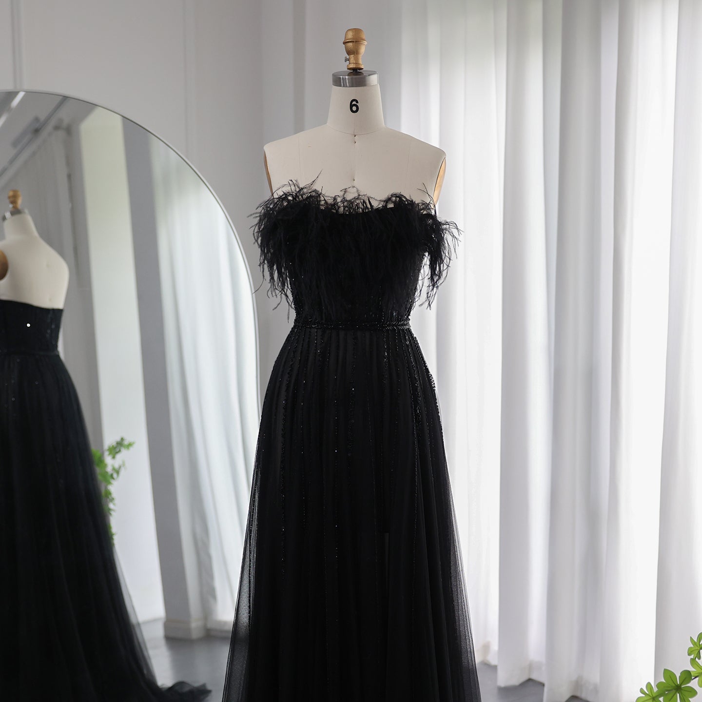 Luxury Black Feathers A-Line Evening Dresses SS401