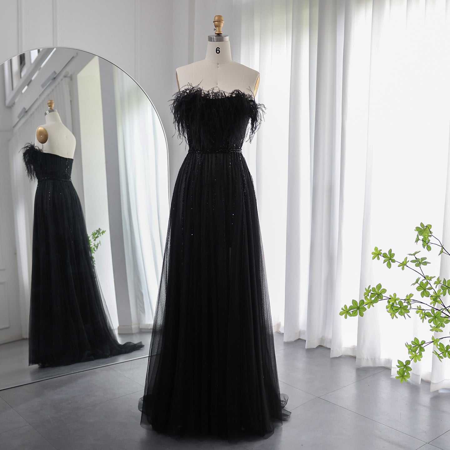 Luxury Black Feathers A-Line Evening Dresses SS401
