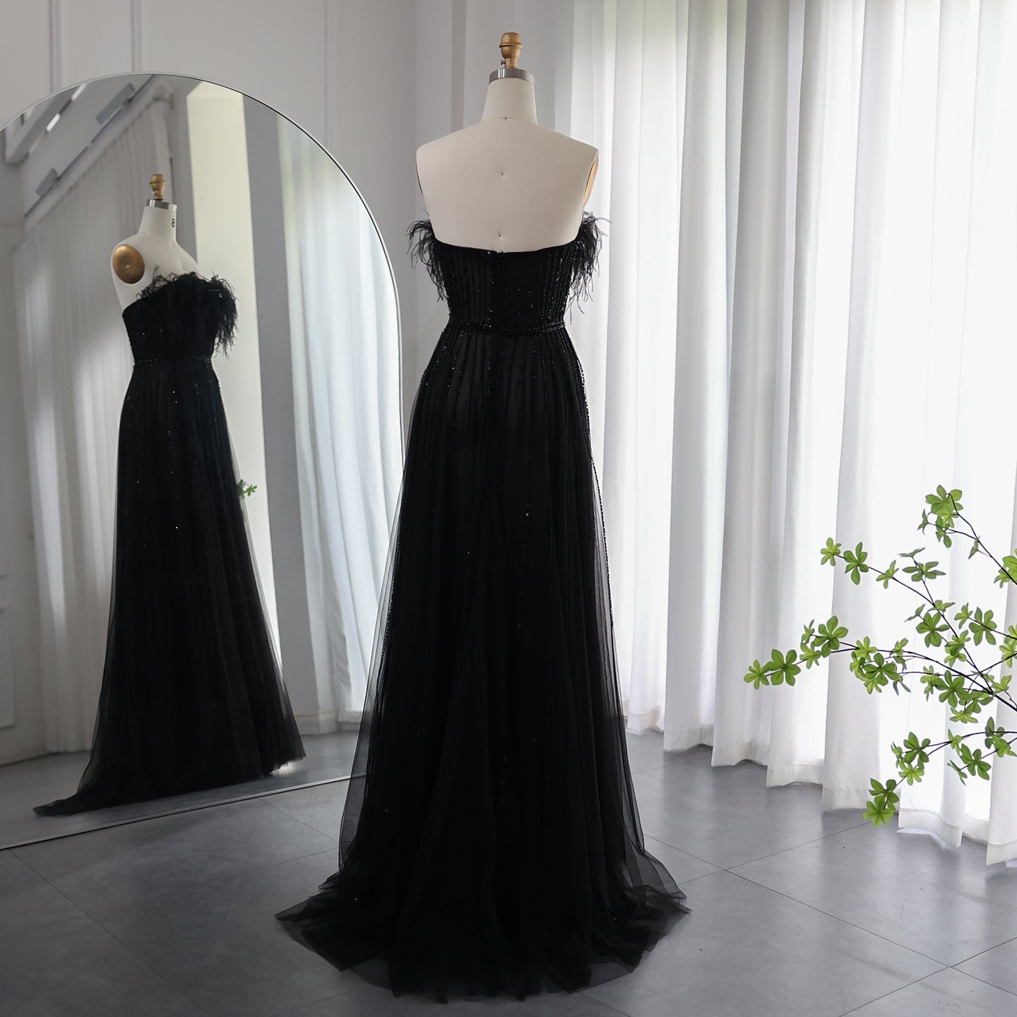 Luxury Black Feathers A-Line Evening Dresses SS401