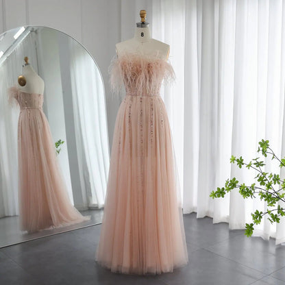 Luxury Pink Feathers Strapless Evening Dress SS401