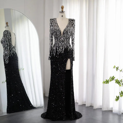 Luxury Black V-Neck Long Sleeves Side Slit Evening Dress SS250