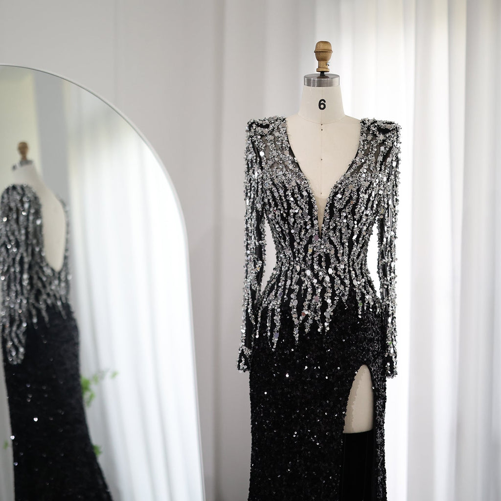 Luxury Black V-Neck Long Sleeves Mermaid Evening Dresses SS250