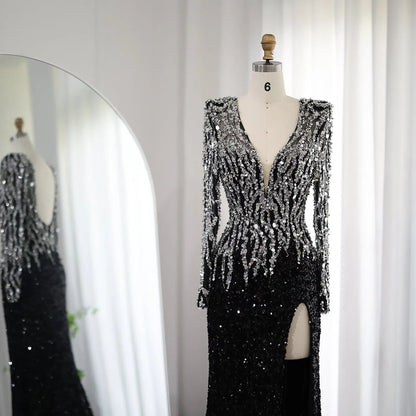 Luxury Black V-Neck Long Sleeves Side Slit Evening Dress SS250