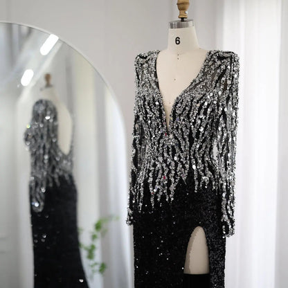 Luxury Black V-Neck Long Sleeves Side Slit Evening Dress SS250