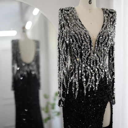 Luxury Black V-Neck Long Sleeves Side Slit Evening Dress SS250