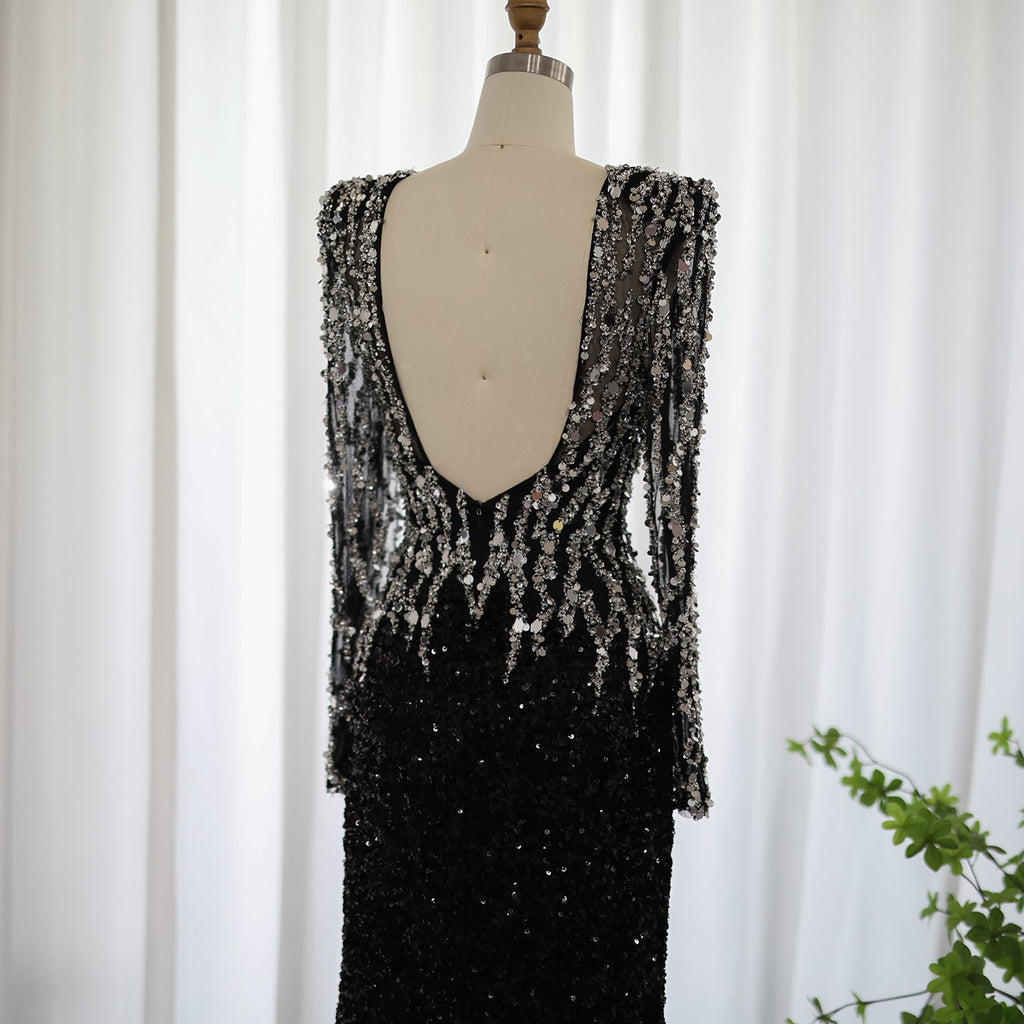 Luxury Black V-Neck Long Sleeves Mermaid Evening Dresses SS250