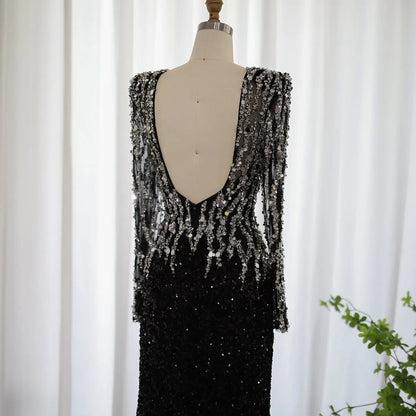 Luxury Black V-Neck Long Sleeves Side Slit Evening Dress SS250