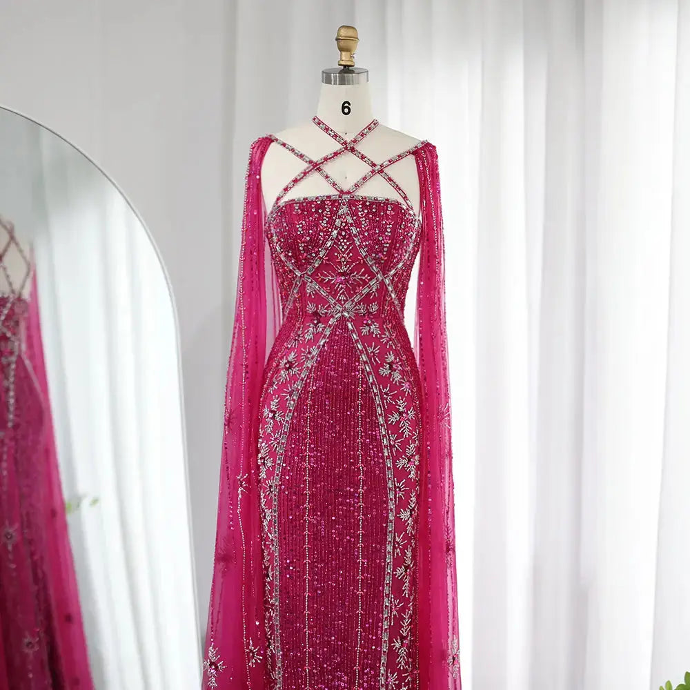 Luxury Aqua Crisscross Evening Dress with Cape Sleeves SS391