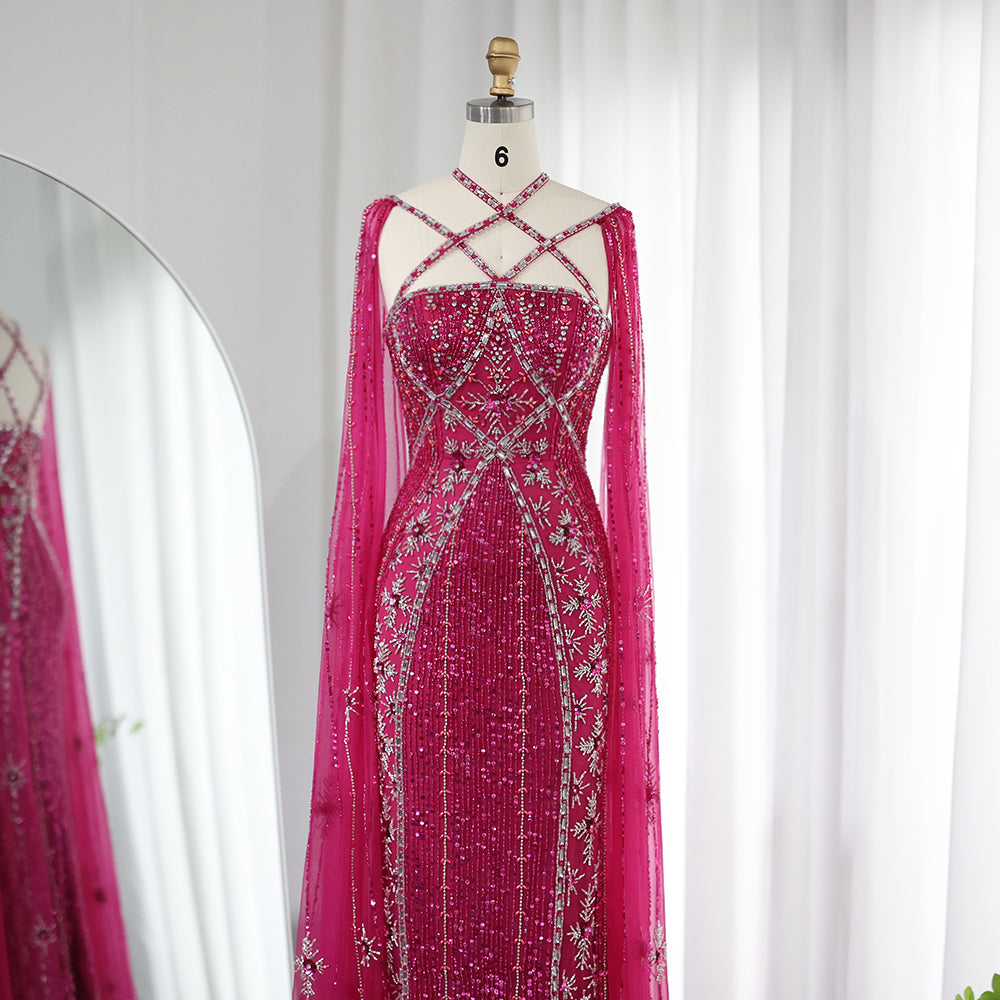 Luxury Champagne Mermaid Evening Dress with Cape Sleeves SS391
