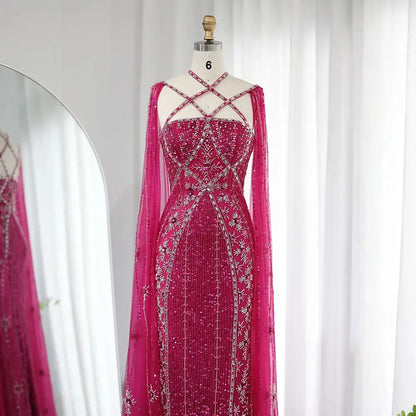 Luxury Aqua Crisscross Evening Dress with Cape Sleeves SS391