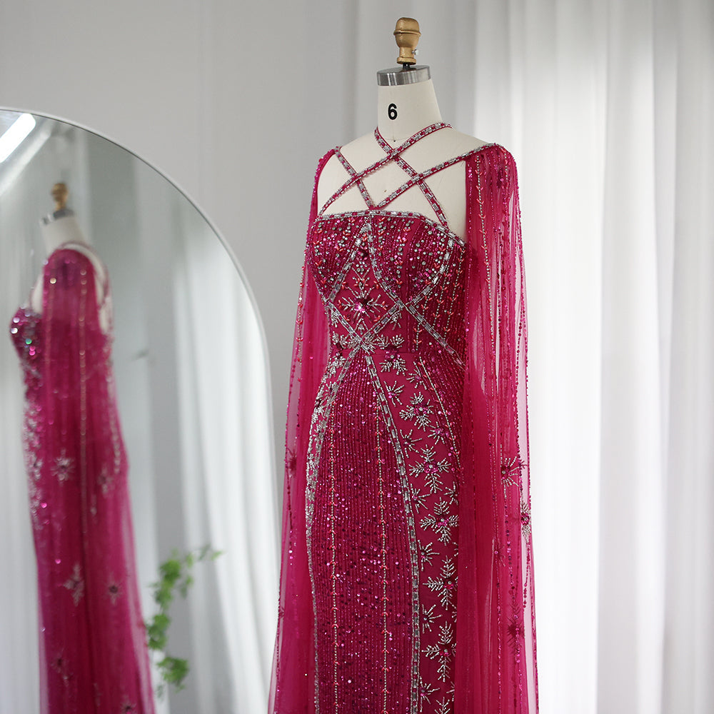 Luxury Champagne Mermaid Evening Dress with Cape Sleeves SS391
