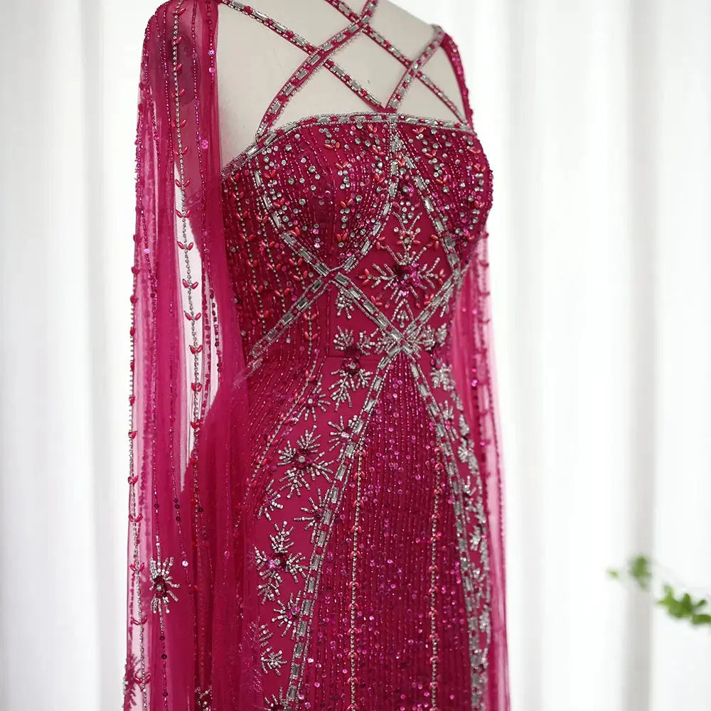 Luxury Aqua Crisscross Evening Dress with Cape Sleeves SS391