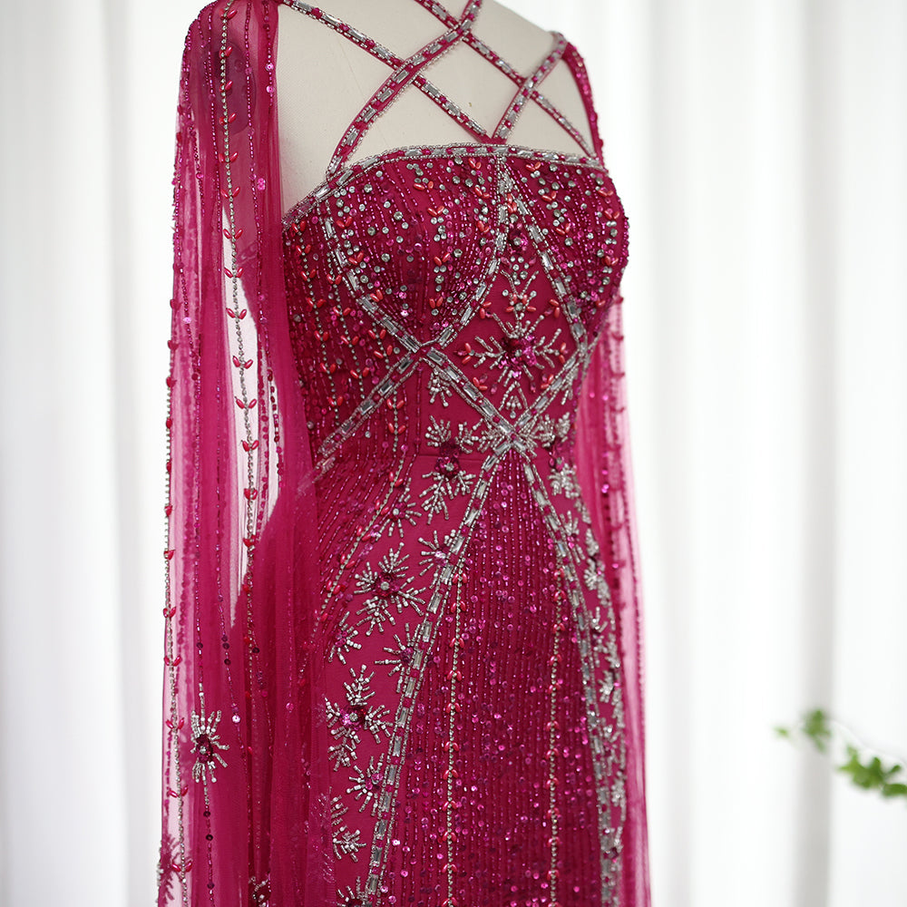Luxury Champagne Mermaid Evening Dress with Cape Sleeves SS391
