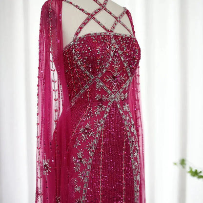 Luxury Aqua Crisscross Evening Dress with Cape Sleeves SS391