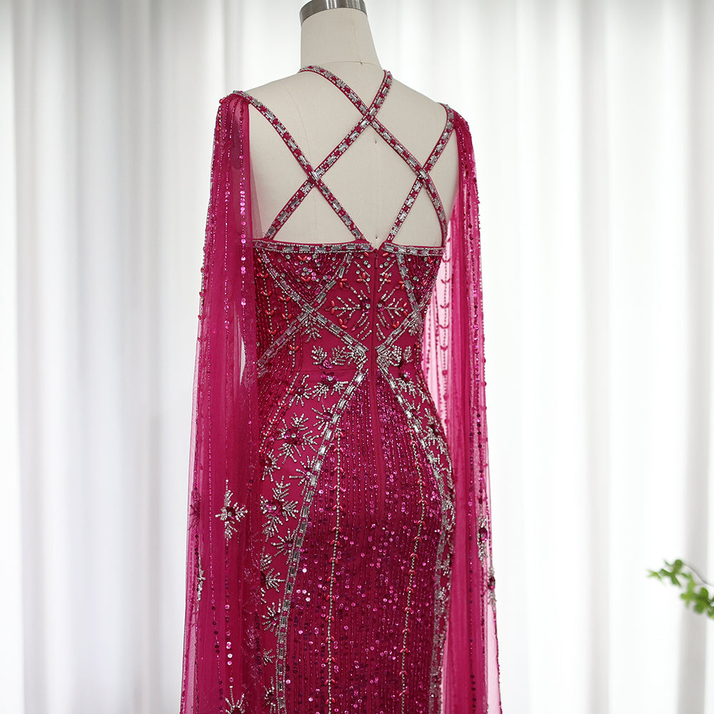 Luxury Champagne Mermaid Evening Dress with Cape Sleeves SS391