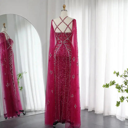 Luxury Aqua Crisscross Evening Dress with Cape Sleeves SS391