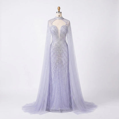 Lilac Sheer Cape Mermaid  Full Hand Beaded Evening Dress  SS114