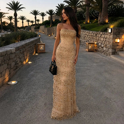 Luxury Champagne Strapless Crystal Sheath Evening Dress SS720