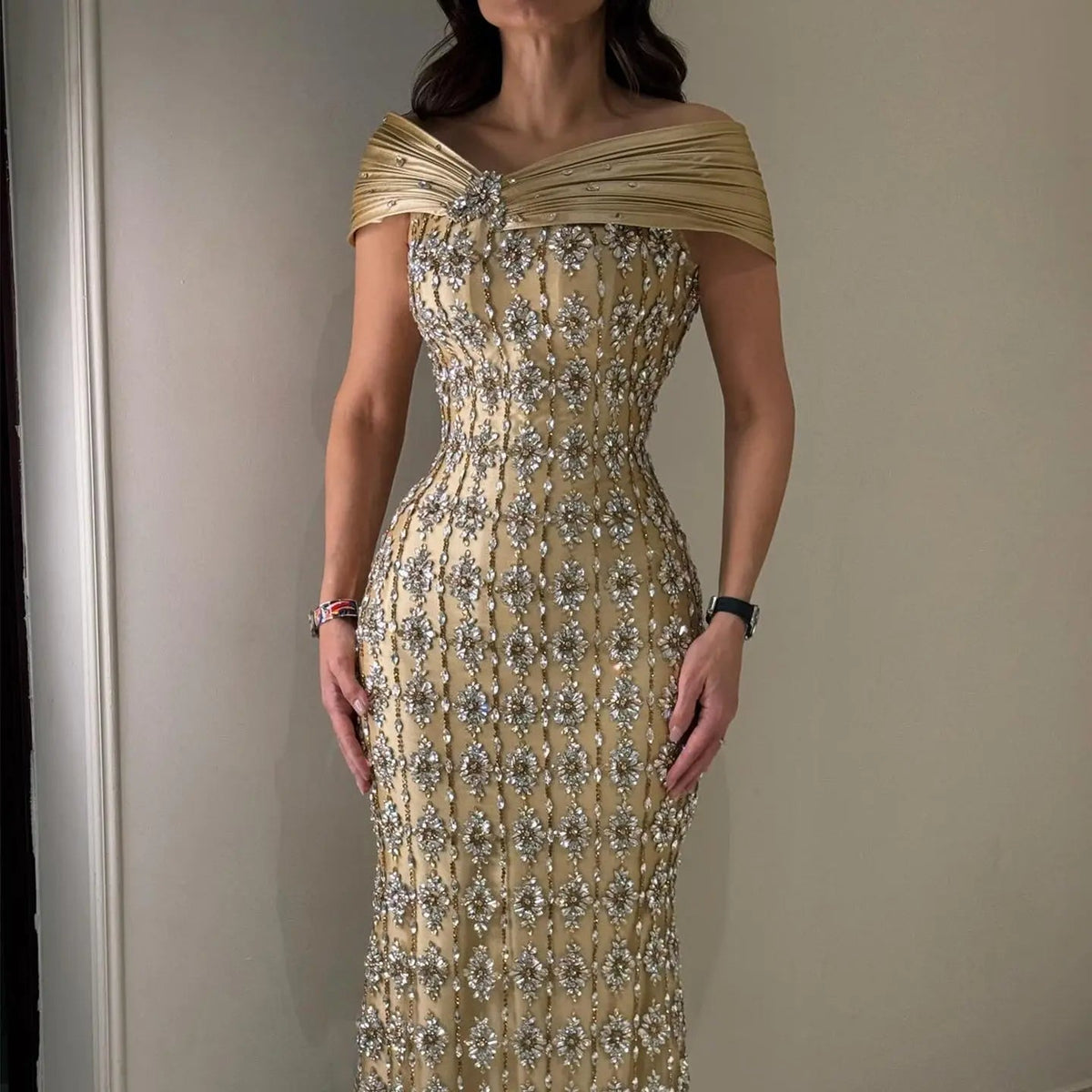 Luxury Gold Satin Evening Dress with Crystal Embellishments SS217
