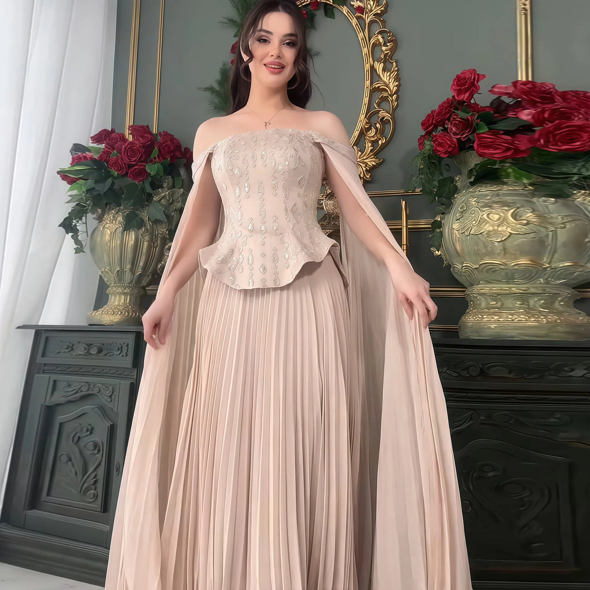 Elegant Wine Red Beaded Corset Evening Dress with Cape Sleeves SS349
