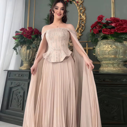 Elegant Wine Red Beaded Corset Evening Dress with Cape Sleeves SS349