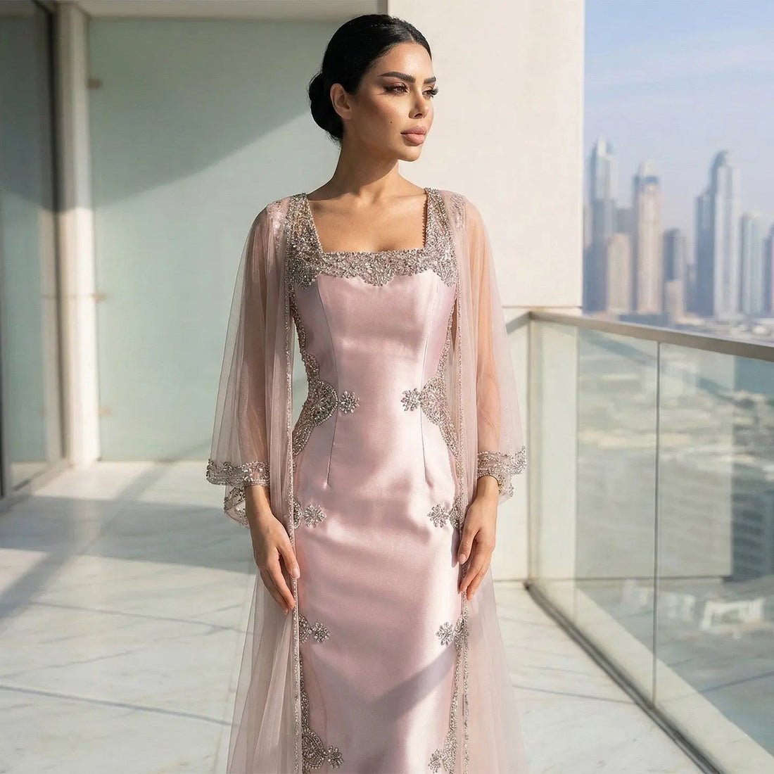 Luxury Pink Beaded Crystal Cape Satin Fitted Evening Dress SS326