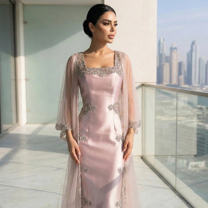 Luxury Pink Beaded Crystal Cape Satin Fitted Evening Dress SS326