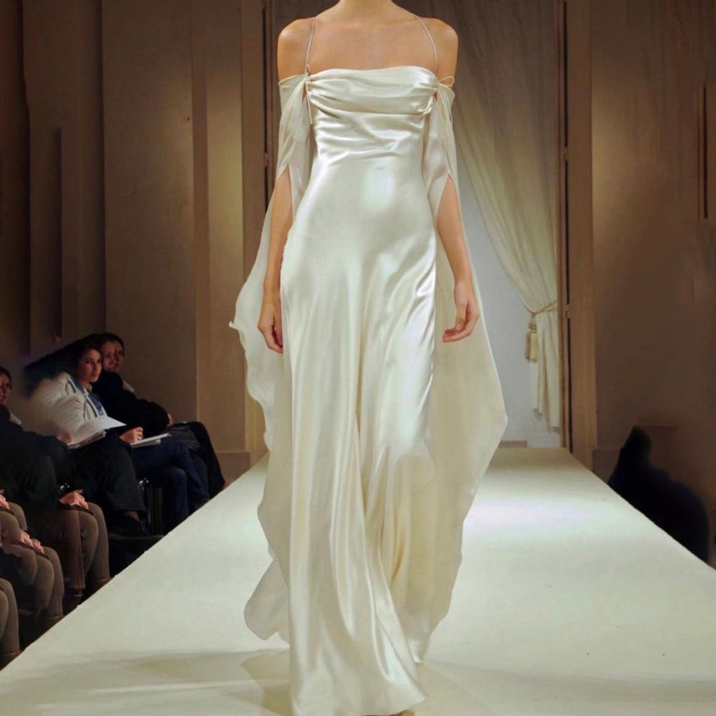 Elegant White Spaghetti Straps Evening Dress with Cape Sleeves SF281
