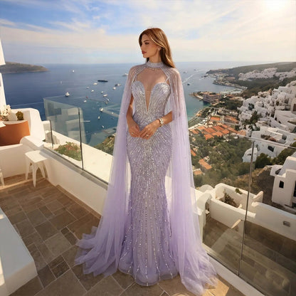 Lilac Sheer Cape Mermaid  Full Hand Beaded Evening Dress  SS114
