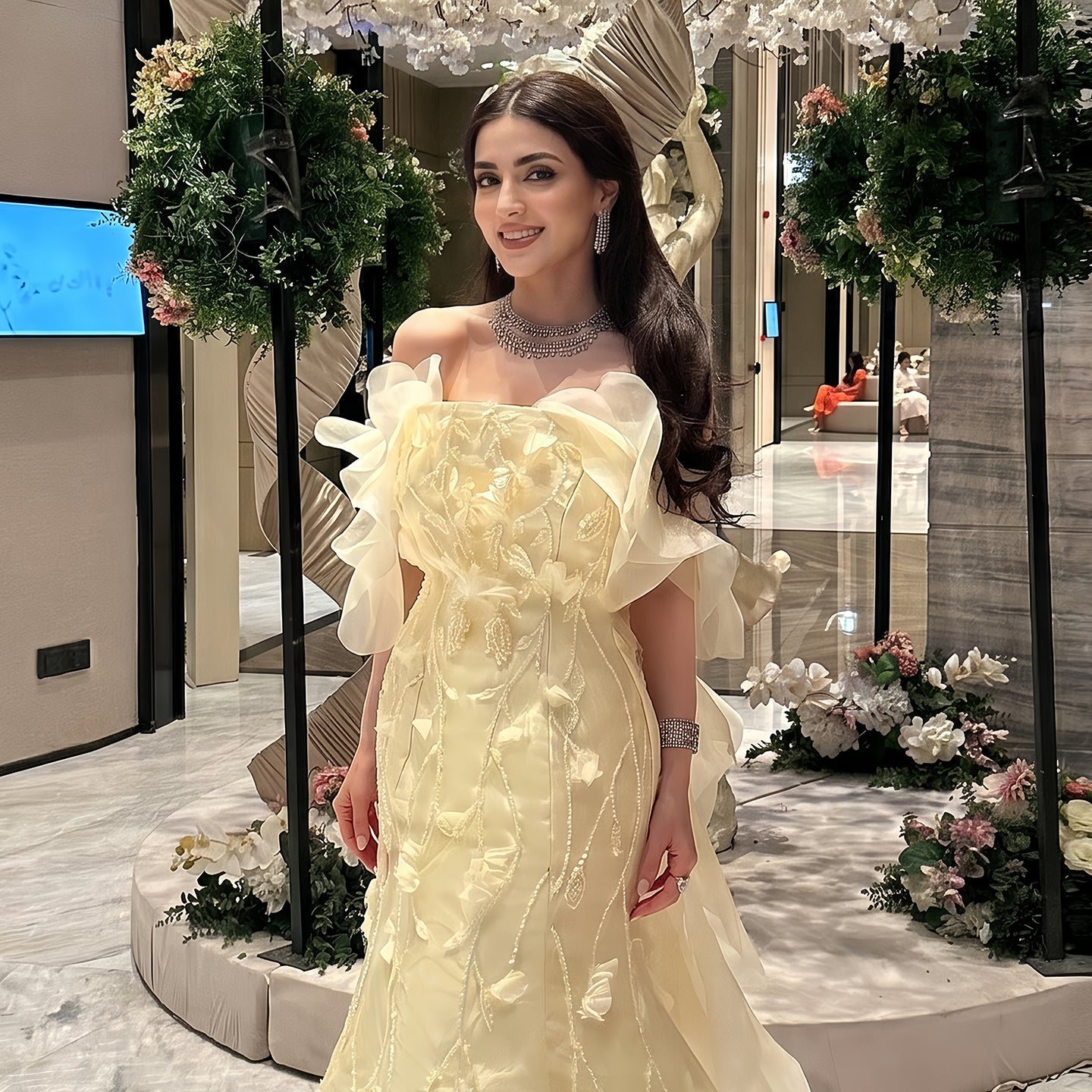 Elegant Yellow Off-the-Shoulder 3D Floral Evening Dress SS505