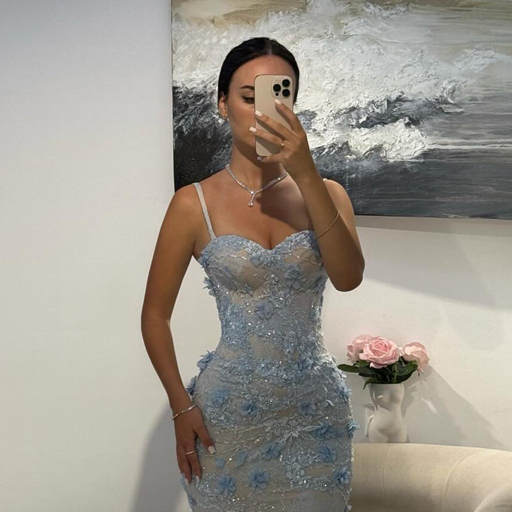 Luxury Light Blue Sweetheart 3D Floral Mermaid Evening Dress SF523