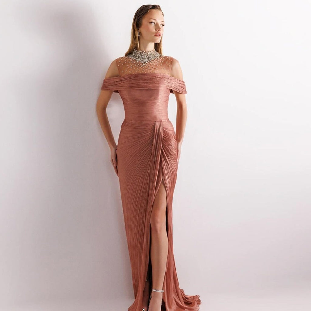 Luxury Purple Off-Shoulder Crystal Pleated Evening Dress with Overskirt SF407