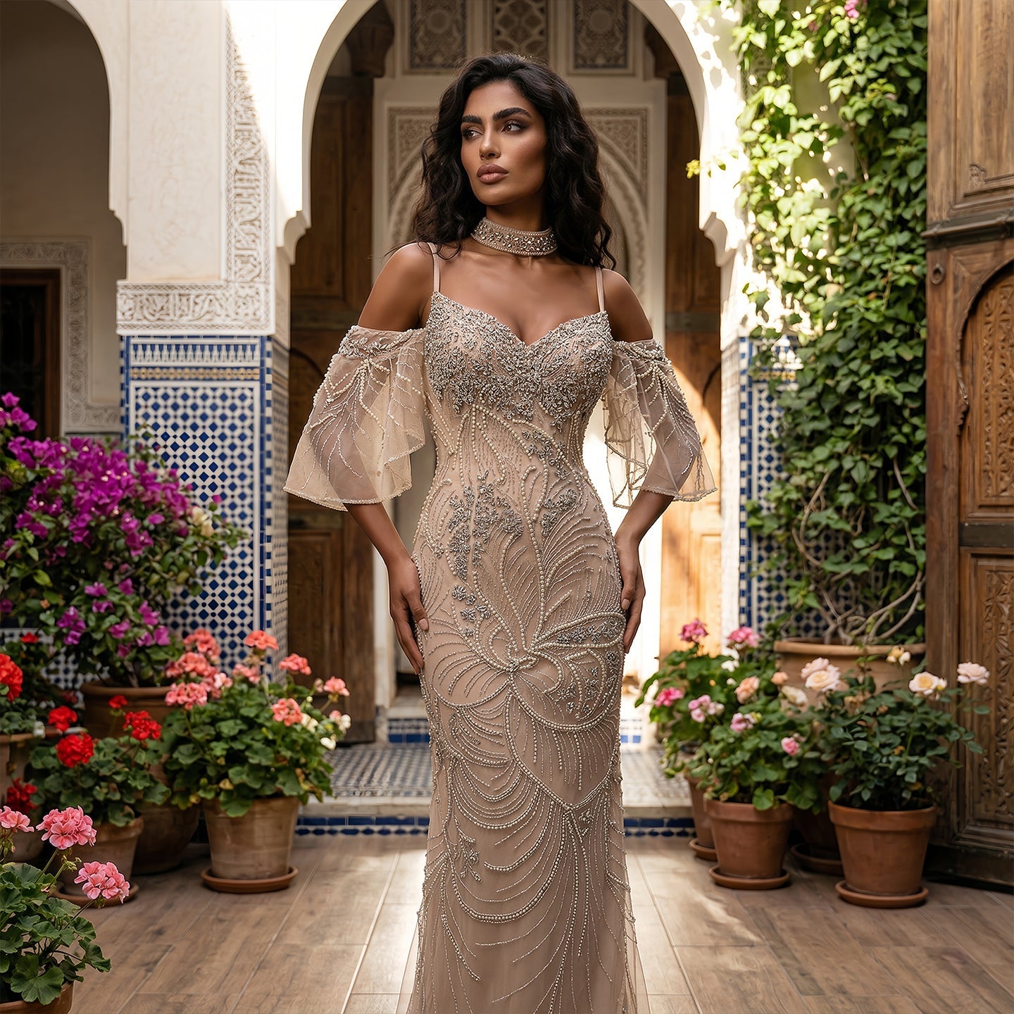 Luxury Champagne Beaded Mermaid Evening Dress with Choker SS164